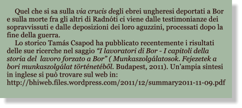 Quel che si sa sulla via crucis degli ebrei ungheresi deportati a Bor e sulla morte fra gli altri di Radnti ci viene dalle testimonianze dei sopravvissuti e dalle deposizioni dei loro aguzzini, processati dopo la fine della guerra. Lo storico Tams Csapod ha pubblicato recentemente i risultati delle sue ricerche nel saggio I lavoratori di Bor - I capitoli della storia del  lavoro forzato a Bor ( Munkaszolglatosok. Fejezetek a bori munkaszolglat trtnetből. Budapest, 2011). Un'ampia sintesi in inglese si pu trovare sul web in: http://bhiweb.files.wordpress.com/2011/12/summary2011-11-09.pdf