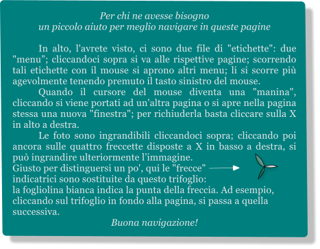 Per chi ne avesse bisogno un piccolo aiuto per meglio navigare in queste pagine  In alto, l'avrete visto, ci sono due file di "etichette": due "menu? cliccandoci sopra si va alle rispettive pagine; scorrendo tali etichette con il mouse si aprono altri menu; li si scorre pi?agevolmente tenendo premuto il tasto sinistro del mouse. Quando il cursore del mouse diventa una "manina", cliccando si viene portati ad un'altra pagina o si apre nella pagina stessa una nuova "finestra"; per richiuderla basta cliccare sulla X in alto a destra. Le foto sono ingrandibili cliccandoci sopra; cliccando poi ancora sulle quattro freccette disposte a X in basso a destra, si pu?ingrandire ulteriormente limmagine. Giusto per distinguersi un po', qui le "frecce"  indicatrici sono sostituite da questo trifoglio:  la fogliolina bianca indica la punta della freccia. Ad esempio, cliccando sul trifoglio in fondo alla pagina, si passa a quella successiva. Buona navigazione!